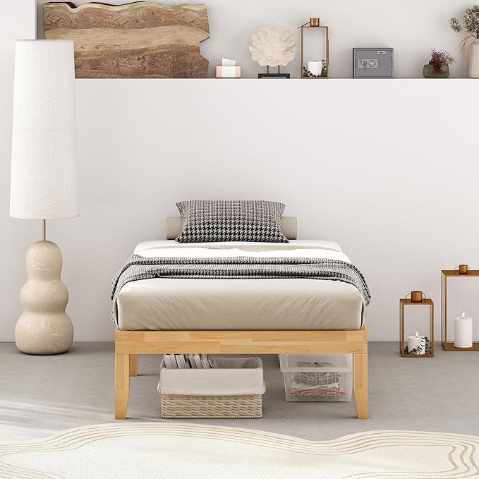 KOMFOTT 14 Inches Wood Platform Bed Frame Twin Size, Wooden Mattress Foundation with Rubber Wood Frame, Strong Slat Support, No Box Spring Needed, Bed Frame (Natural)