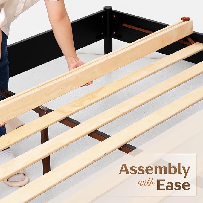 Lenia 14 Inch Solid Wood Bed Frame with Headboard, Rustic Farmhouse King Platform Bed, Acacia Wood, No Box Spring Needed, Mocha Black, Queen Size (Lenia Collection)