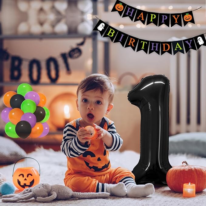 Halloween Decorations for Boys/Girls - Black, Orange, Purple, Green Balloons (40" & 1" Sizes) with Spooky Birthday Banner