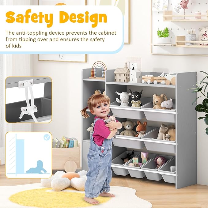 Costzon Kids Toy Storage Organizer, 4-Tier Kids Bookshelf Storage Cabinet w/8 Removable Bins, Preschool Children's Montessori Bookshelf w/Large Cabinet for Playroom, Daycare, Kids Room, Classroom