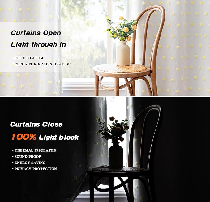 MYSKY HOME 100% Blackout Curtains for Girls Kids Bedroom Thermal Insulated 84 Inch Length Nursery Curtains 2 Panels Grommet Light Filtering Yellow Pom Pom Sheer Drapes for Dining Room, 52W x 84L