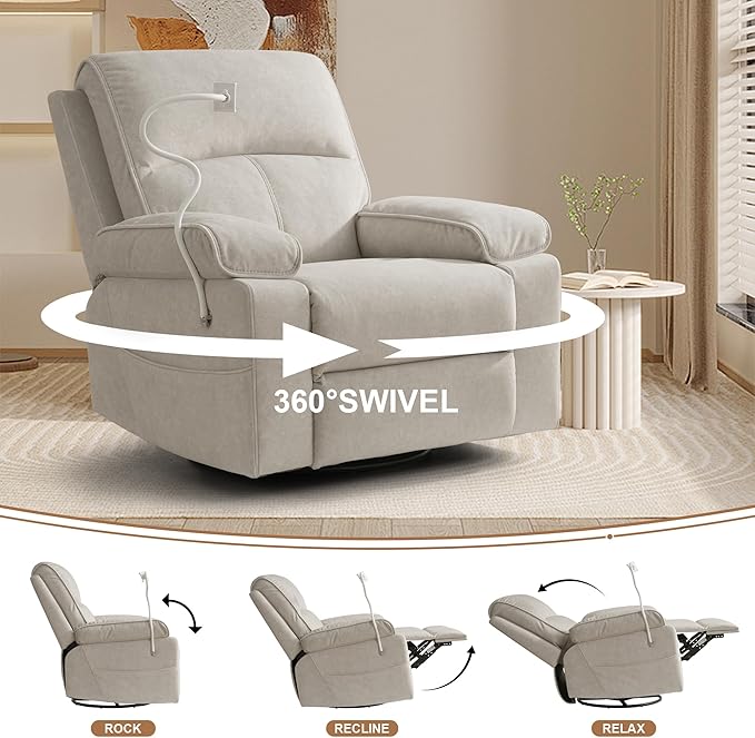 360° Swivel Glider Recliner Nursing Rocking Chair for Breastfeeding, with Adjustable and Removable Phone Holder for Living Room,Nursery Room, Baby Essentials
