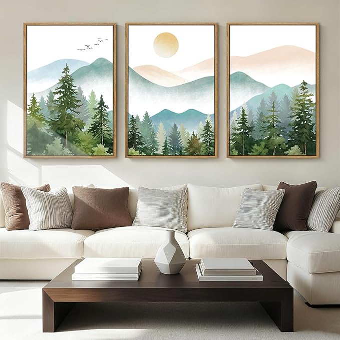 Anyzal Framed Green Mountain Wall Art Forest Painting Framed for Living Room Bedroom Bathroom 16x24 Inch Set of 3