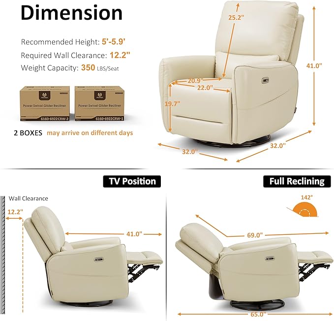 MCombo Power Swivel Rocker Recliner with Lumbar Support, Faux Leather Electric Nursery Glider Recliner Chair for Living Room, 6922 (Cream White)