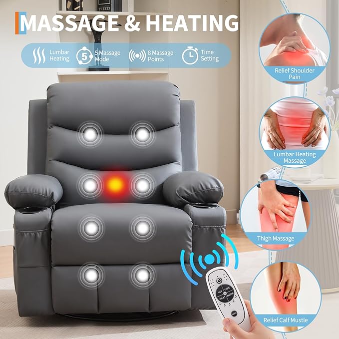 Leather Recliner Chair Nursery, Oversized Manual Reclining Rocking Chair, 360 Swivel Glider with Cup Holder, Massage and Heat Recliner, Indoor Small Single Sofa Chairs for Adults, RV, Bedroom, Gray