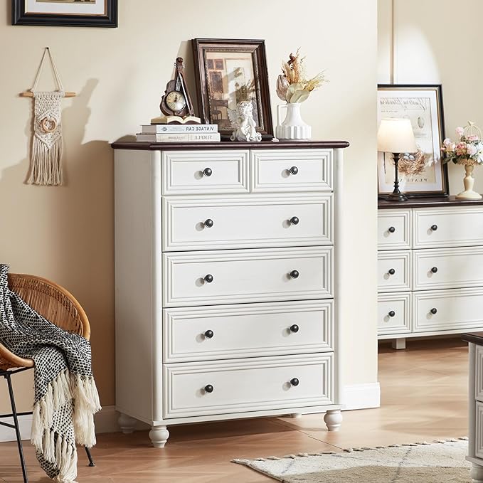 Farmhouse 6 Drawer Dresser Set of 2, Chest of Drawers for Bedroom, 43.5" Tall White Dresser with Roman Column, Rustic Wood Storage Dressers Organizer for Living Room, Hallway, Closet