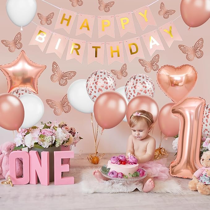 1st Birthday Decoration for Girls, Rose Gold 1st Birthday Balloon, Rose Gold Number 1 Balloon with Butterfly Stickers, Star Heart Foil Balloons Banner Set for Baby 1 Year Old Birthday Party Decor