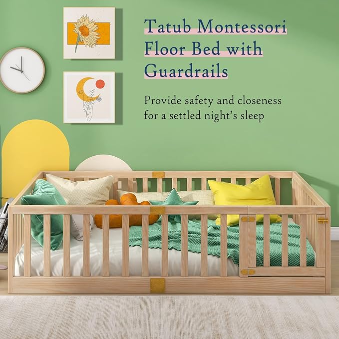 Tatub Full Montessori Floor Bed with High Rails, Solid Wood Montessori Bed Frame for Kids, Door Can Install Left and Right, Full-Nature