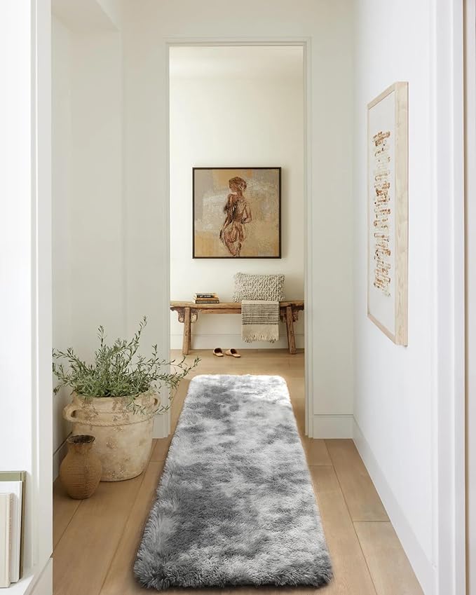 ONASAR 2x6 Runner Rugs for Bedroom Living Room, Washable Fluffy Tie-Dyed Light Grey Bedside Hallway Throw Area Rug, Ultra Soft Plush Furry Floor Carpet Mat for Nursery Kids Dorm Closet Home Decor