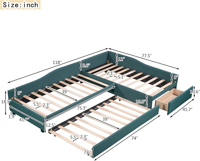 Bellemave L-Shape Platform Bed Twin Size Upholstered Daybed with Trundle and Storage Drawer Linen Corner Day Bed Frame for 3 Kids Boys Girls Teens, Green
