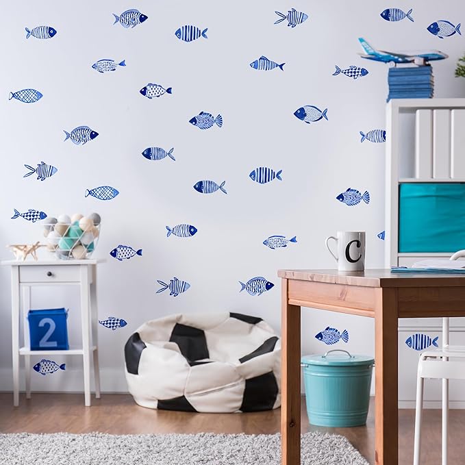 Blue Ocean Fish Wall Decals,Under The Sea Fish Wall Art Decor Stickers,Peel and Stick Ocean Vinyl Sticker for Kids Bedroom Playroom Nursery Classroom Bathroom,