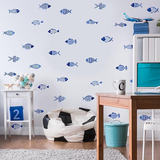 Blue Ocean Fish Wall Decals,Under The Sea Fish Wall Art Decor Stickers,Peel and Stick Ocean Vinyl Sticker for Kids Bedroom Playroom Nursery Classroom Bathroom,