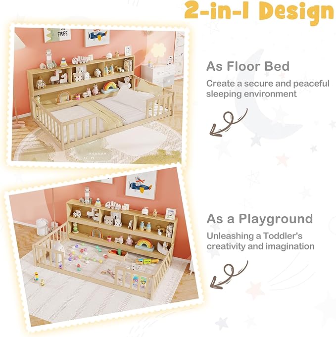KOMFOTT Twin Floor Bed with Bookcase & Shelves, Wood Bed Frame with Bedside Bookshelves & Guardrails, Versatile 2-in-1 Montessori Floor Bed for Kids (Twin,Natural)