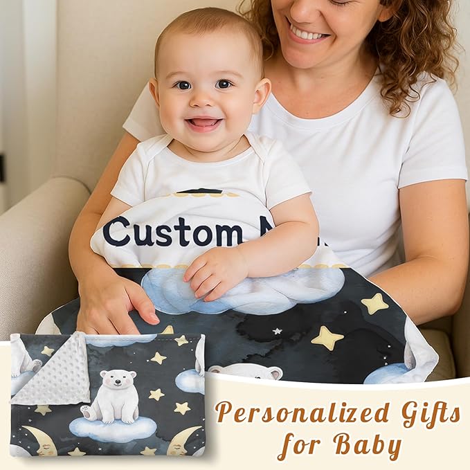 Custom Baby Blanket with Name, Double Layer Soft Dot Back Personalized Baby Blanket for Boys Girls, Polar Bear Blanket for Newborn Toddler, Customized Swaddle for Kids Birthday Gifts(60" x80)