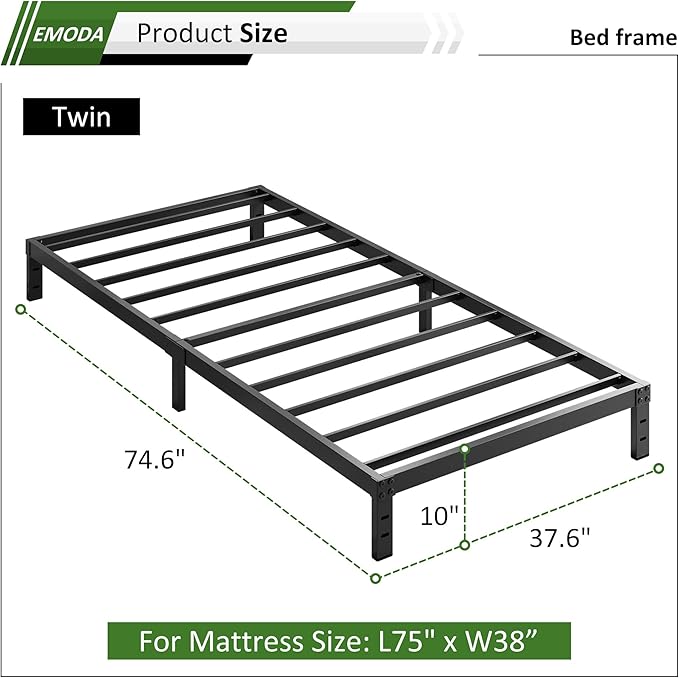 EMODA 10 Inch Twin Bed Frames No Box Spring Needed, Heavy Duty Metal Twin Platform Bed Frame, Noise Free, Easy Assembly, Black