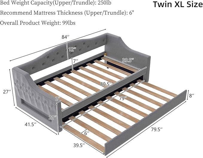 Merax Twin Size Linen Corner Daybed with Trundle and LED Belt, Upholstered Headboard Captain Bed Frames for Small Room, Bedroom, Guest Room, Kids' Room, Grey