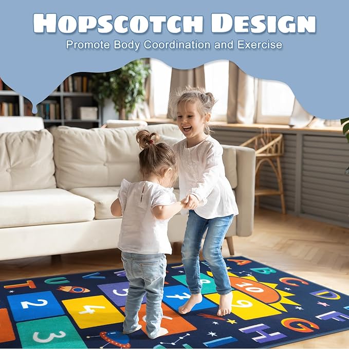 STARUIA Washable Hopscotch Kids Rugs for Playroom, Colorful Educational Classroom Rug with ABC Number, Non Slip Boy Kids Room Rug Space Game Carpet for Bedroom Nursery（Dark Blue, 31.5''x72''）