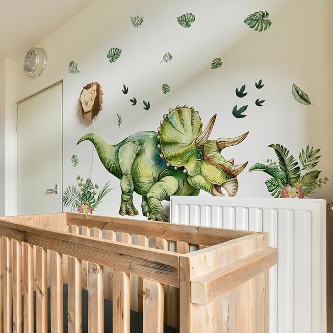Large Dinosaur Wall Stickers, Geen Triceratops Dino with Plantain Leaf, Wall Decals Peel and Stick Decal for Nursery Kids Room Décor
