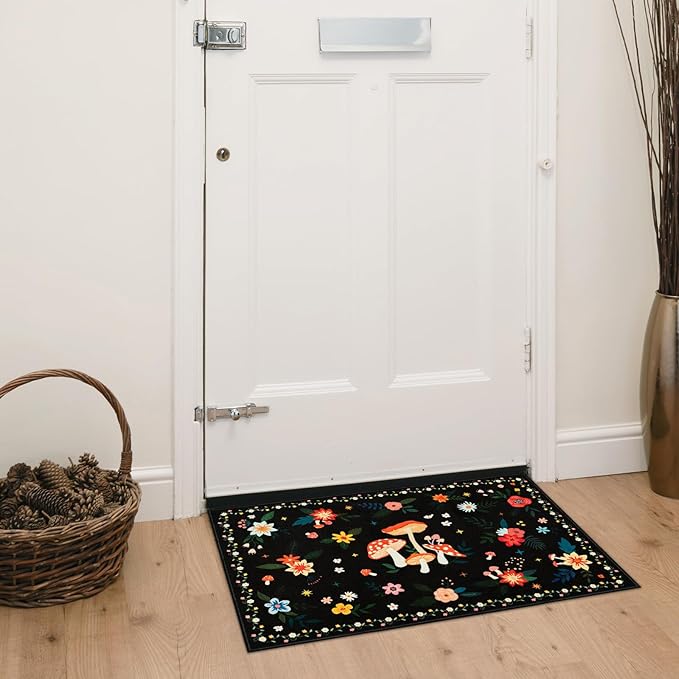 2x3 Machine Washable Area Rug, Non-Slip Small Vintage Floral Entryway Rug for Front Door, Low Pile Indoor Door Mat for Entryway, Bedroom, Dining Room & Kitchen(2x3 Black Mushroom)