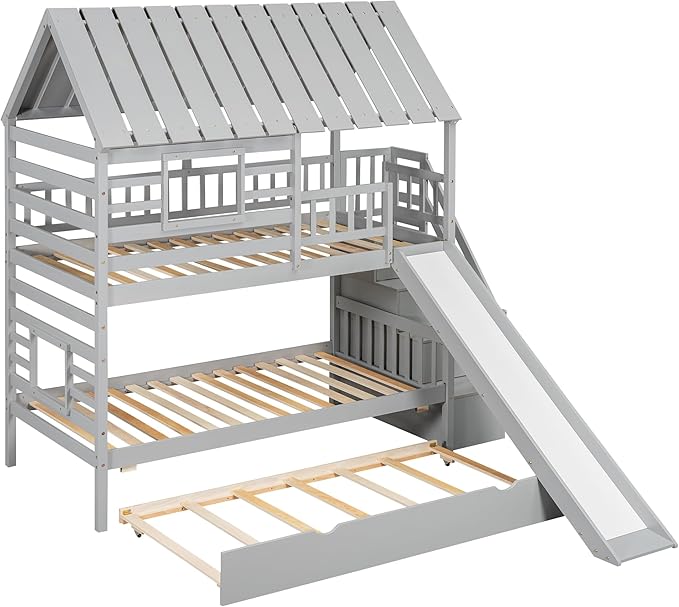 Merax Twin Over Twin House Bunk Bed, Wooden Bed Frame with Trundle and Slide, Storage Staircase, Roof and Window Design, Gray