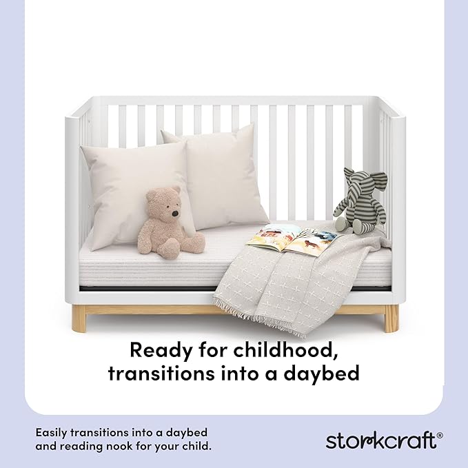 Storkcraft Santos 3-in-1 Convertible Crib (White with Natural) – GREENGUARD Gold Certified, Fits Standard Crib Mattress, Converts to Toddler Bed, Modern Style, Rounded Designer Details