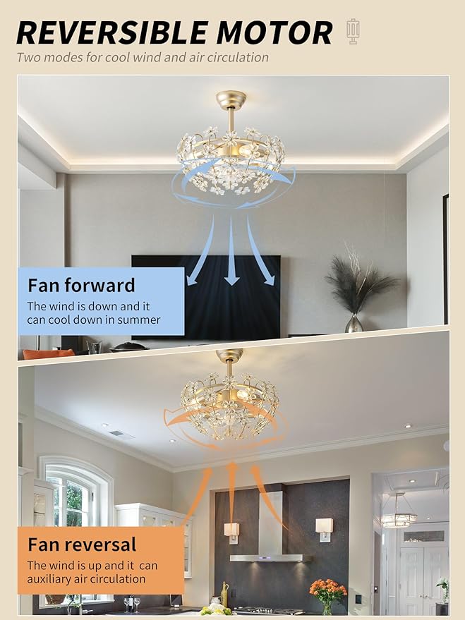 20" Gold Crystal Fandelier Ceiling Fan with Light, Mid-Century Flower Chandelier Ceiling Fan with Light Remote Control, Modern Caged 6 Speeds for Bedroom, Nursery, Foyer, Living Room