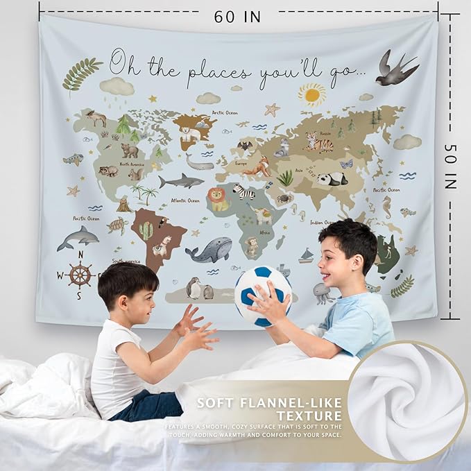 LIANGW World Map Tapestry Wall Hanging for Kids, Animal Continents Wildlife Educational Geography Learning Wall Blanket Decor for Classroom Toddler Kids Room Nursery Playroom, 50x60 Inch