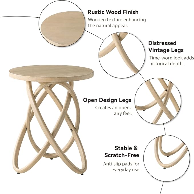 Round End Table Farmhouse Wood Side Table Rustic Plant Stand with Intertwined Line Design for Living Room, Office, Light Wood Color