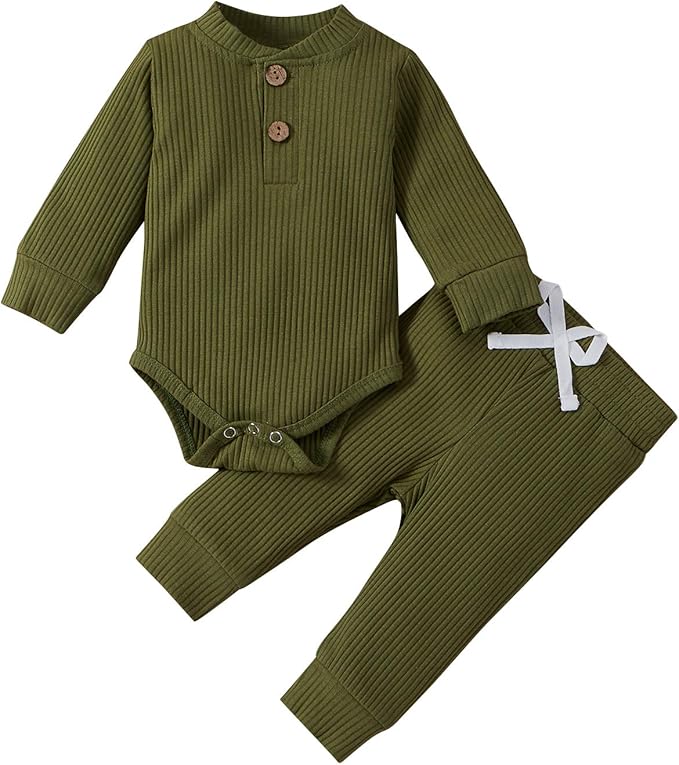 Newborn Baby Boy Girl Clothes Ribbed Knitted Cotton Long Sleeve Romper Long Pants Solid Color Fall Winter Outfits
