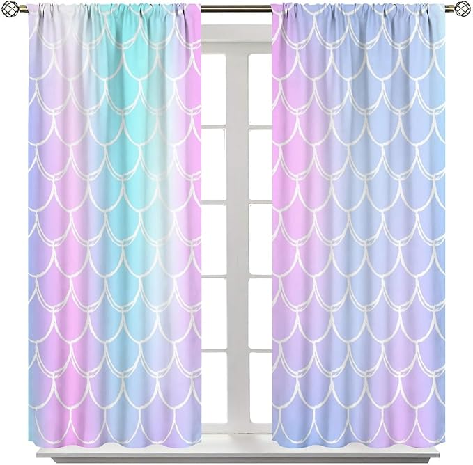 Fantasy Mermaid Curtain Rainbow Mermaid Scales Purple Pink Blue Ocean Theme Dream Blackout Window Treatment for Kids Boys Girls Bedroom Nursery Room Decor Rod Pocket Window Drapes 63x72in