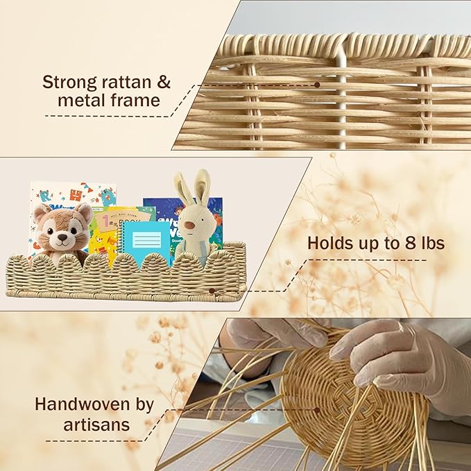 Nursery Book Shelves, 2Pcs Artisanal Natural Rattan Scalloped Book Shelf for Kids Rooms, Rattan Wall Shelves for Books, Toys, Photo Frames, Nursery, 15.8 x 4 Inch