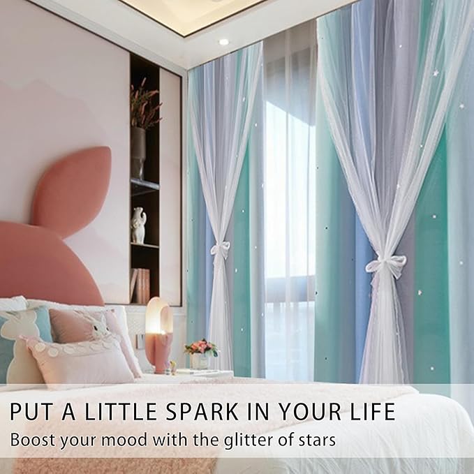 XiDi Blue Green Grey Blackout Curtains for Girls Bedroom 54 Inch Length 2 Panels Rainbow Kids Grommet Window Drapes for Nursery Living Room Decro Princess Unicorn Wall Decals 34 Inches Wide