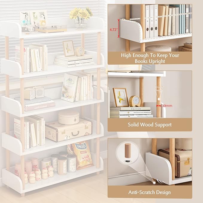 4-Tier Wooden Open Bookcase - Modern Display Bookshelf with Top Edge and Solid Wood Frame for Home and Office, Storage Cabinet, Warm White