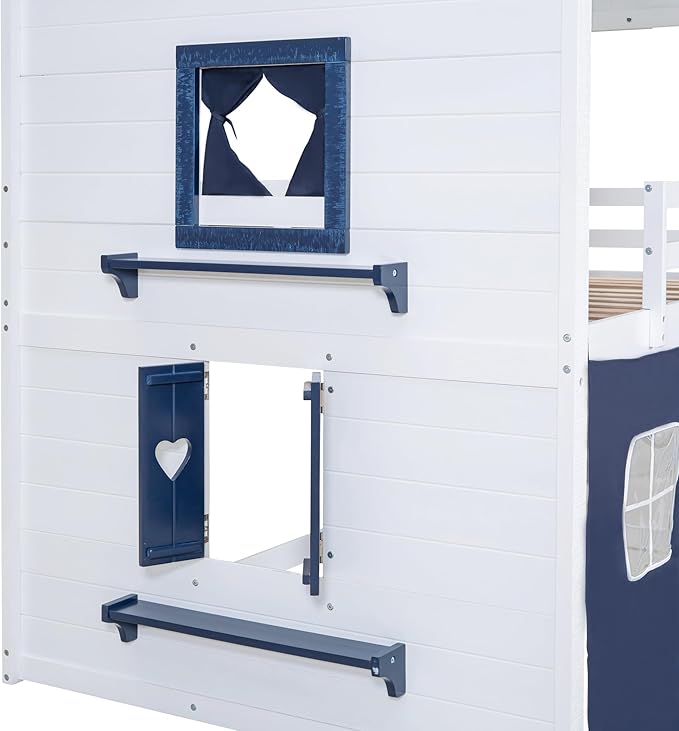 MERITLINE Full Over Full Princess Castle Bunk Bed with Tent,Ladders and Guardrail, Solid Wood Playhouse House Floor Bunk Bed with Windows and Roof (Full,Blue & White)