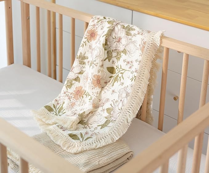 Little Jump Cotton Muslin Swaddle Blankets with Tassel, Boho Bohimia Muslin Baby Blanket Neutral with Fringe, Vintage Teddy Bear Nursery Decor Muslin Throw Blanket 47" x40" (Vintage Blossom)