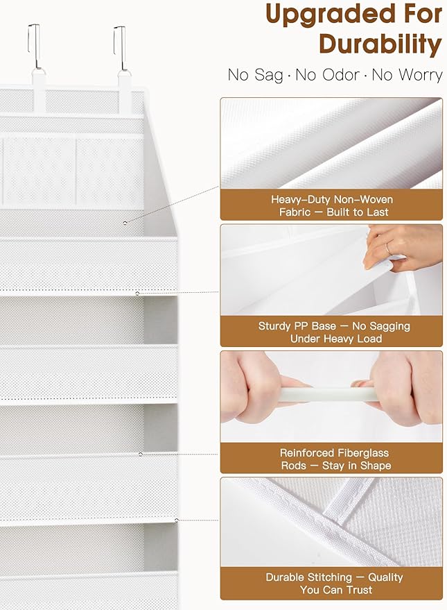 Criusia Over The Door Organizer, Heavy-Duty 6-Shelf Hanging Storage with 13 Mesh Pockets, 55lbs Capacity Behind The Door Storage for Nursery, Bathroom, Bedroom, and Dorm, White