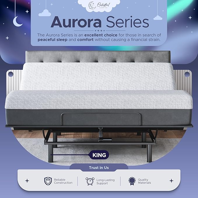 Celestial Sleep Aurora Adjustable Bed Base (Frame) + 8 inch Gel Memory Foam Mattress (Firm), Easy Assembly, Head and Foot Lift, Zero Gravity, Memory Positions, CertiPUR-US Bed - King