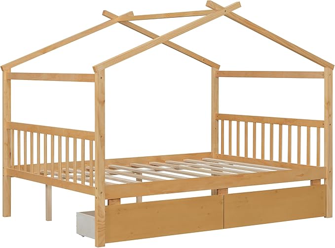 Merax Full Size Wooden House Bed with Two Drawers, Wood Bed Frame with Roof for Kids, Teens, Boys or Girls, Natural