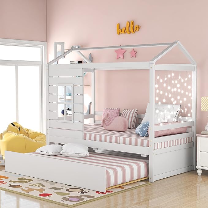 Merax Twin Size House Bed with Trundle, Twin House Shaped Bed Frame for Boys Girls, Wooden Bed Frame Twin Size with Roof, No Box Spring Needed, White