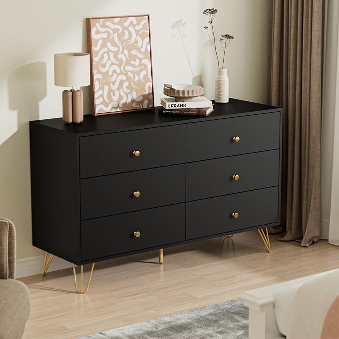 Black Dresser for Bedroom, 6 Drawer Dresser with Golden Handles, Large Storage Cabinet, Modern Chest of Drawers Organizer Storage for Hallyway, Entryway