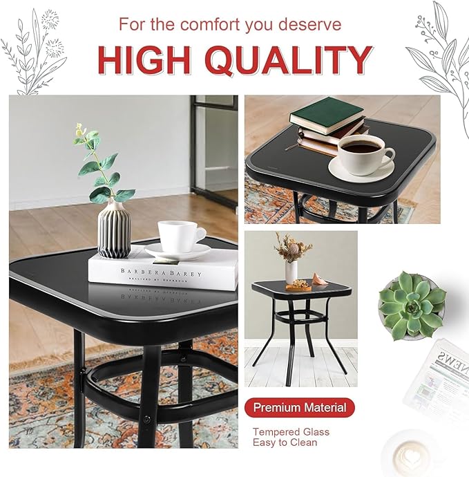 Oakcloud Oakmont Outdoor Furniture 3 Piece Conversation Bistro Set Rocking Chairs and Glass Top Table, Thick Cushions, Black Steel (Red)