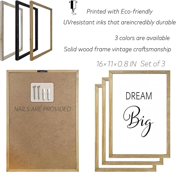 Motivational Positive Sign Wall Decor 11x16 Inch Office Set Of 3 Wood Framed Large Inspirational Quotes Living Room Home Wall Art Dream Big Work Hard Make it Happen women Hanging (Wood)