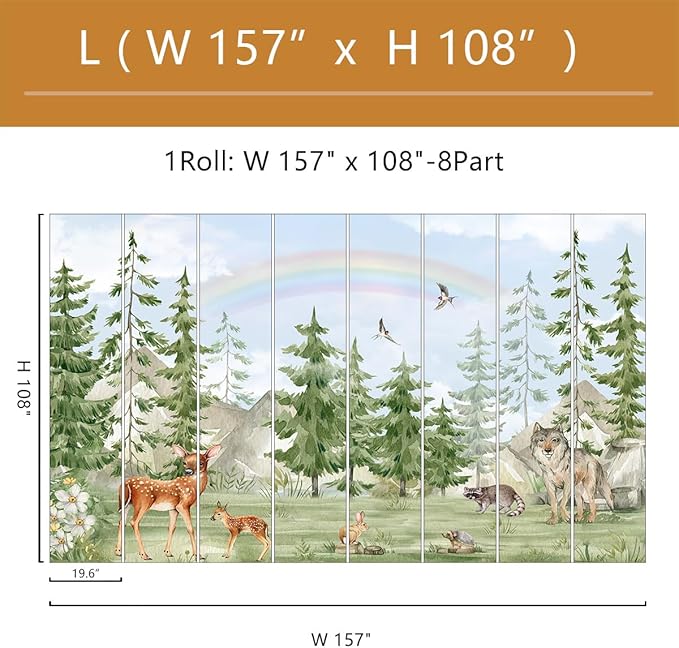 Forest Animals Kids Wallpaper Peel and Stick Nursery Pine Tree Self Adhesive Wall Mural for Children's Room Bedroom 157"x108"