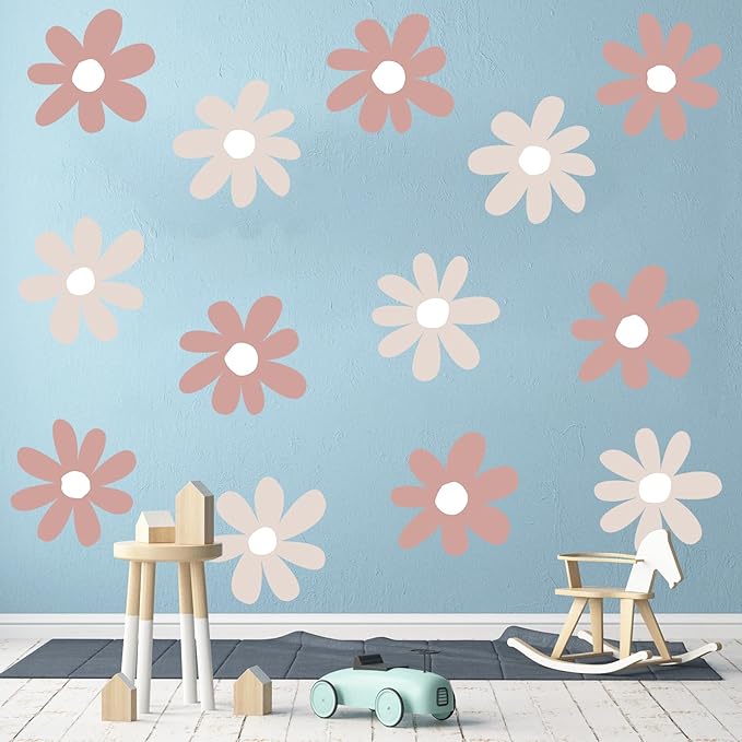 TaoBary 12 Sheets Daisy Wall Decal Flower Wall Sticker Cute Daisy Sticker Pink White Flower Decal Peel and Stick Floral Wallpaper for Nursery Bedroom Home Decor(Grey Color,Simple Style)