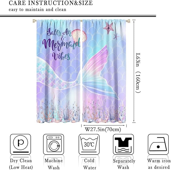 Fantasy Mermaid Curtain Colorful Rainbow Fish Tail Ocean Theme Beautiful Kids Window Treatment for Girls Bedroom Nursery Room Decor Rod Pocket Window Drapes 55x63in