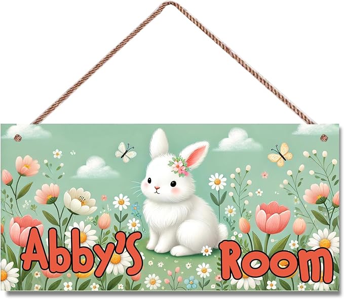 Personalized Sign - Sweet Rabbit and Flowers Door Sign & Wall Art - Flower Sign for Nursery Decor, Kids' Room Decor, Door Signs, Wall Hangers
