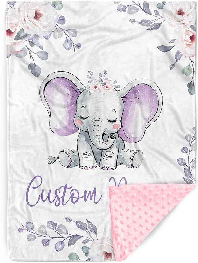 Personalized Baby Blankets for Boys Girls, Custom Name Light Purple Elephant Baby Blanket, Soft Receiving Blanket for Newborns and Toddlers, Ideal for Baby Showers and Nursery Decor