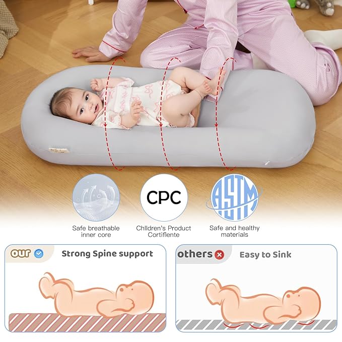 Lucakuins Baby Lounger, Bionic Design Baby Lounger for Newborn 0-24 Months, Soft Organic Cotton Breathable Lounger for Infants (Grey Newborn Lounger)