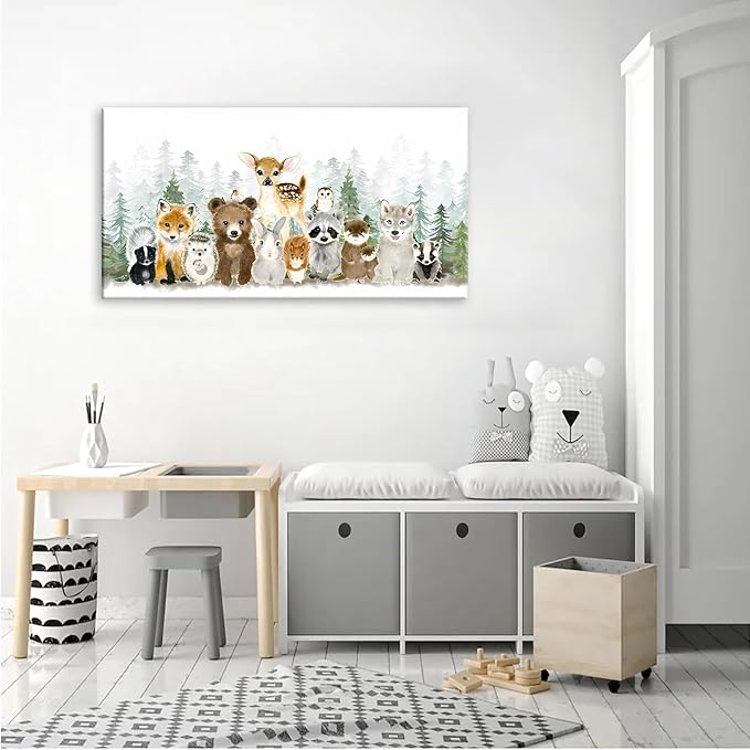 Woodland Animal Nursery Wall Art Watercolor Forest Baby Animal Nursery Wall Decor Printing Framed Fox Bear Deer Watercolor Poster Paintings Pictures for Boys Room Girls Room Home Decoration 8x16in