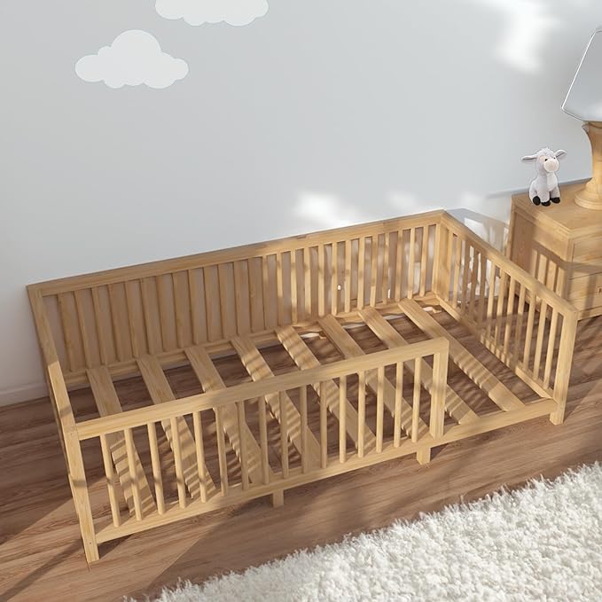 Montessori Floor Bed with Slats for Toddler 54.3'' x 75.2'' Full Size | Pine Wood Natural Solid Frame Bed | Sturdy Design Floor Bed Frame for Boy and Girls (Full, Height : 23.6 Inches)
